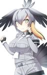  belt between_breasts bird_tail black_gloves breasts fingerless_gloves gloves grey_hair grey_shirt grey_shorts hair_between_eyes head_wings highres kemono_friends large_breasts looking_at_viewer necktie sakais3211 shirt shoebill_(kemono_friends) short_hair shorts simple_background solo standing white_background white_neckwear yellow_eyes 