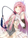  armor bare_shoulders breasts elbow_gloves fate/grand_order fate_(series) frills gloves highres holding_whip inoue_mamori long_hair medb_(fate)_(all) medb_(fate/grand_order) medium_breasts orange_eyes pink_hair riding_crop skirt smile tiara tongue tongue_out very_long_hair weapon whip 