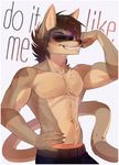  anthro black_gargoyley canine clothed clothing eyewear flexing fur hair male mammal muscular smile solo sunglasses topless 
