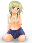  1girl arm_support artist_request blonde_hair blue_skirt blush breasts collarbone embarrassed ichii_yui large_breasts looking_at_viewer navel nipples pleated_skirt shadow simple_background skirt solo topless twintails wariza wavy_mouth white_background yellow_eyes yuyushiki 