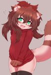  2017 anthro blue_eyes blush brown_fur brown_hair clothed clothing embarrassed eyelashes female fur hair kemono legwear long_hair mammal neguchi69 open_mouth partially_clothed ringed_tail simple_background solo sweater tanuki thigh_highs 