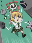  black_legwear blonde_hair blue_eyes bomb btooom! camouflage camouflage_skirt chibi himiko_(btooom!) loafers m_o_(prftz) miniskirt pleated_skirt shirt shoes sign skirt skull sleeves_rolled_up solo teardrop time_bomb white_shirt 