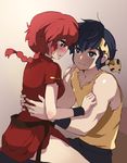  1girl black_hair blue_eyes blush braid brown_eyes chinese_clothes embarrassed genderswap genderswap_(mtf) headband hibiki_ryouga light_smile long_hair looking_at_another no_pants parted_lips ranma-chan ranma_1/2 red_hair red_shirt saotome_ranma shirt short_sleeves single_braid sitting straddling tangzhuang tank_top torn_clothes torn_sleeves untied windy4th wristband yellow_shirt 