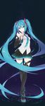  absurdly_long_hair aqua_eyes aqua_hair black_footwear black_legwear boots detached_sleeves fhang finger_to_mouth full_body hatsune_miku highres long_hair nail_polish necktie skirt smile solo thigh_boots thigh_gap thighhighs twintails very_long_hair vocaloid zettai_ryouiki 