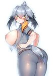  ass bird_tail black_hair breasts breasts_outside green_eyes kemono_friends large_breasts looking_at_viewer looking_back nipples open_clothes open_shirt osiimi pantyhose shirt shoebill_(kemono_friends) silver_hair simple_background solo tail thighs 
