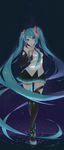  absurdly_long_hair aqua_eyes aqua_hair boots detached_sleeves fhang finger_to_mouth full_body hatsune_miku highres long_hair nail_polish necktie skirt smile solo thigh_boots thigh_gap thighhighs twintails very_long_hair vocaloid 