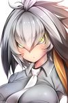  artist_name bangs blush breasts collared_shirt commentary_request eyebrows_visible_through_hair grey_hair grey_shirt hair_between_eyes head_wings highres kanachirou kemono_friends large_breasts looking_at_viewer necktie shiny shiny_clothes shirt shoebill_(kemono_friends) short_hair signature simple_background solo twitter_username white_background white_neckwear yellow_eyes 