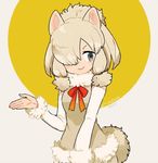  :&gt; alpaca_ears alpaca_suri_(kemono_friends) alpaca_tail animal_ears beige_shirt blonde_hair blue_eyes commentary_request dot_nose duplicate elbow_gloves eyelashes fur-trimmed_sleeves fur_collar fur_trim gloves gradient_ribbon grey_background hair_bun hair_over_one_eye hair_ribbon hand_up horizontal_pupils jpeg_artifacts kemono_friends l_hakase looking_at_viewer multicolored multicolored_background neck_ribbon open_hand ribbon shirt short_hair signature sleeveless sleeveless_shirt smile solo tail tareme tress_ribbon twitter_username upper_body v-shaped_eyebrows yellow_background 