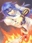  aki_(rapture55) bad_id bad_pixiv_id blue_hair dymlos_timber fire green_eyes long_hair male_focus open_mouth solo sword tales_of_(series) tales_of_destiny upper_body weapon 