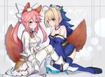  ahoge animal_ears belt blonde_hair blue_legwear blue_sleeves blush bodysuit bow breasts cleavage cosplay costume_switch detached_sleeves fate/extra fate/extra_ccc fate_(series) flower fox_ears fox_tail gloves green_eyes hair_bow hair_ribbon highres japanese_clothes lock looking_at_viewer medium_breasts multiple_girls nero_claudius_(bride)_(fate) nero_claudius_(bride)_(fate)_(cosplay) nero_claudius_(fate)_(all) one_eye_closed pantie_painting pink_hair ribbon smile tail tamamo_(fate)_(all) tamamo_no_mae_(fate) tamamo_no_mae_(fate)_(cosplay) veil white_bodysuit yellow_eyes zipper 