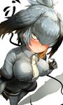  bangs bird_tail bird_wings blush bodystocking breast_pocket breasts collared_shirt feathers foreshortening from_above gloves grey_legwear grey_shirt grey_shorts hair_between_eyes hair_over_one_eye hand_up head_wings highres impossible_clothes impossible_shirt kemono_friends light_frown long_hair looking_at_viewer looking_up low_ponytail medium_breasts multicolored_hair necktie nose_blush orange_hair pantyhose pekoneko pocket shadow shirt shoebill_(kemono_friends) short_hair shorts side_ponytail silver_hair simple_background solo standing white_background white_neckwear wings yellow_eyes 
