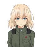  arms_at_sides blonde_hair blue_eyes blush breast_pocket closed_mouth commentary_request emblem frown girls_und_panzer green_jacket jacket katyusha looking_at_viewer military military_uniform piro_(iiiiiiiiii) pocket pravda_(emblem) pravda_military_uniform short_hair solo turtleneck uniform upper_body white_background 