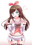  a.i._channel aqua_eyes arms_at_sides bare_shoulders bow breasts brown_hair hair_bow hairband hand_gesture heart heart-shaped_pupils highres kizuna_ai lace lace-trimmed_thighhighs lilish long_hair looking_at_viewer pink_bow sailor_collar short_shorts shorts solo symbol-shaped_pupils thighhighs white_shorts 