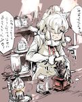  alpaca_ears alpaca_suri_(kemono_friends) animal_ears blonde_hair brown_background coffee coffee_beans coffee_grinder coffee_maker_(object) coffee_mug cup fire fur_trim grey_eyes hair_over_one_eye hair_tie highres japari_symbol kemono_friends long_sleeves looking_at_viewer mug neck_ribbon open_mouth osakana_(denpa_yun'yun) ribbon sidelocks smile solo speech_bubble table teapot translation_request 