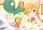  ;) absurdres alternate_hairstyle bare_legs barefoot bed blonde_hair blush breasts cleavage closed_mouth collarbone dragon_girl dragon_horns dragon_tail hair_down head_on_hand highres horns kadowaki_miku kobayashi-san_chi_no_maidragon large_breasts lying megami no_pants official_art on_bed on_stomach one_eye_closed scales shirt slit_pupils smile solo t-shirt tail the_pose tooru_(maidragon) 
