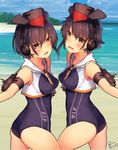  2girls ass asymmetrical_hair bare_shoulders beach black_hair blush breasts brown_eyes clothes_writing cloud dated hair_between_eyes hat headphones i-13_(kantai_collection) i-14_(kantai_collection) kantai_collection koruta_(nekoimo) looking_at_viewer machinery multiple_girls neckerchief number open_mouth sailor_collar school_swimsuit shirt short_hair siblings signature sisters sky smile swimsuit thighs tongue tree twins water 