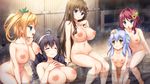  5girls :&lt; ^_^ aqua_eyes bathing between_breasts blonde_hair blue_eyes blue_hair braid breasts brown_hair closed_eyes eyebrows_visible_through_hair fingers_together floating_breasts green_eyes hair_intakes hair_ornament hairband hand_on_another's_head hand_on_own_chest hands_together huge_breasts kneeling large_breasts long_hair multiple_girls mutyakai nipples nude onsen open_mouth partially_submerged perky_breasts red_hair self_friend short_hair sitting smile soaking_feet steam twin_braids water wet x_hair_ornament yellow_eyes 