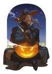  bad_id bad_pixiv_id beard bow_(weapon) brown_eyes brown_hair cigar cowboy_hat crossbow facial_hair halloween hat highres holding holding_cigar indian_style jack-o'-lantern male_focus mccree_(overwatch) night night_sky overwatch sgyqanna sitting sky smoke solo star_(sky) starry_sky weapon 