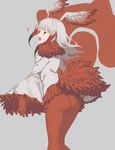  2l_(2lsize) ass bangs bird_tail blunt_bangs eighth_note frilled_sleeves frills gloves grey_background head_wings highres japanese_crested_ibis_(kemono_friends) japari_symbol kemono_friends long_sleeves looking_at_viewer medium_hair microskirt multicolored_hair music musical_note pantyhose pleated_skirt red_gloves red_legwear red_skirt shirt silver_hair simple_background singing skirt solo two-tone_hair white_shirt yellow_eyes 