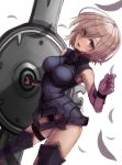  1girl :d absurdres armored_boots armored_leotard black_leotard boots breasts breasts_apart elbow_gloves fate/grand_order fate_(series) gloves head_tilt highres holding_shield leotard mash_kyrielight medium_breasts open_mouth petals purple_eyes purple_gloves shield short_hair silver_hair simple_background smile solo tacch thigh_boots thighhighs white_background 