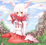 aya-0w0 bangs beamed_eighth_notes bird_tail black_footwear blue_sky blunt_bangs blush breasts chestnut_mouth cloud day eighth_note eyebrows_visible_through_hair frilled_sleeves frills full_body gloves grass head_wings japanese_crested_ibis_(kemono_friends) kemono_friends long_hair long_sleeves looking_at_viewer medium_breasts miniskirt multicolored_hair music musical_note open_mouth outdoors pantyhose petals pleated_skirt rainbow red_gloves red_legwear red_skirt rock shirt shoes silver_hair singing sitting skirt sky solo two-tone_hair wariza white_shirt yellow_eyes 