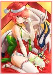  1girl absurdres bell between_legs bow choker collarbone deekei dragon elbow_gloves fire_emblem fire_emblem_if full_body fur-trimmed_hat gloves green_bow green_ribbon hand_between_legs hand_in_hair hat head_tilt highres hinoka_(fire_emblem_if) looking_at_viewer merry_christmas nintendo red_hair red_hat ribbon ribbon_choker santa_costume santa_hat short_hair sitting sleeveless smile solo thighhighs wariza white_gloves white_legwear yellow_eyes 