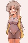  :o bare_shoulders bike_shorts breasts cameltoe commentary_request covered_nipples glasses grey_hair jacket large_breasts long_hair looking_at_viewer open_mouth orange_eyes original red-framed_eyewear school_swimsuit semi-rimless_eyewear solo suimu_chitan swimsuit under-rim_eyewear 