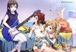  :d absurdres bang_dream! barefoot bed bedroom black_hair blue_jacket brown_eyes brown_hair capri_pants casual clothes_around_waist electric_guitar eye_contact green_eyes guitar hair_ornament hanazono_tae highres holding holding_instrument holding_spoon hood hooded_jacket hoodie ichigaya_arisa indoors instrument jacket kobayashi_akemi long_hair looking_at_another lying megami multiple_girls on_stomach open_mouth orange_skirt pants polo_shirt shirt short_sleeves sitting skirt sleeveless sleeveless_hoodie sleeveless_jacket smile spoon sweater_around_waist toyama_kasumi twintails white_pants white_shirt wooden_floor yellow_shirt yellow_skirt 
