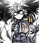  absurdres breast_grab breasts collared_shirt commentary constricted_pupils death_flag feathered_wings feathers fine_art_parody grabbing green_eyes grey_hair grey_shirt head_wings highres kemono_friends large_breasts looking_at_viewer nazo_no_diaboro necktie nihonga out_of_frame parody pov pov_hands reaction shaded_face shirt shoebill_(kemono_friends) short_hair simple_background sketch solo_focus spread_wings sumi-e white_neckwear white_skin wings 