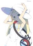  :&lt; absurdres armpits arms_up bag bangs blonde_hair blunt_bangs blush braid covered_navel dress green_eyes hand_in_hair hand_on_headwear hat highres lillie_(pokemon) long_hair naoya_come pokemon pokemon_(game) pokemon_sm simple_background sleeveless sleeveless_dress solo sun_hat twin_braids twitter_username white_background 