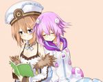  blanc blancpig_yryr blue_eyes blush book brown_hair closed_eyes d-pad d-pad_hair_ornament hair_ornament hat highres leaning_on_person multiple_girls neptune_(choujigen_game_neptune) neptune_(series) purple_hair short_hair 