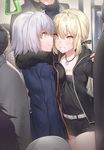  artoria_pendragon_(all) asymmetrical_docking belt blonde_hair breast_press breasts fate/grand_order fate_(series) fur_trim highres jacket jeanne_d'arc_(alter)_(fate) jeanne_d'arc_(fate)_(all) jewelry multiple_girls necklace ponytail saber_alter short_hair shorts thighs train_interior wicked_dragon_witch_ver._shinjuku_1999 yellow_eyes yuran 
