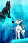  ambiguous_gender black_fur blue_eyes canine cat duo feline feral fur kitchiki mammal paws sitting smile white_fur wolf 