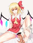 ascot bangs bar_censor blonde_hair bow breasts censored commentary_request crotch_kick crystal disembodied_penis feet flandre_scarlet footjob frilled_shirt_collar frilled_skirt frills hair_between_eyes hair_bow highres looking_at_viewer medium_breasts no_hat no_headwear panties pantyshot pantyshot_(sitting) parted_lips penis piro_(iiiiiiiiii) puffy_short_sleeves puffy_sleeves purple_panties red_bow red_eyes red_skirt red_vest short_sleeves side_ponytail sitting skirt skirt_set soles solo_focus spread_legs tamakeri testicles toes touhou underwear vest wings 
