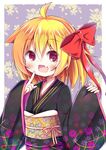 :d ahoge blonde_hair bow commentary_request esureki fang finger_to_mouth floral_background hair_bow hair_ribbon highres index_finger_raised japanese_clothes kimono looking_at_viewer open_mouth red_eyes ribbon rumia smile solo touhou 