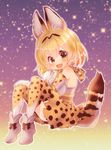  absurdres animal_ears animal_print bare_shoulders blonde_hair boots brown_eyes elbow_gloves extra_ears full_body gloves highres kemono_friends looking_at_viewer open_mouth serval_(kemono_friends) serval_ears serval_print serval_tail shimotsukishin shirt short_hair sitting skirt sleeveless sleeveless_shirt solo tail thighhighs white_footwear white_shirt zettai_ryouiki 