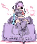  chris_(mario) highres looking_at_viewer navel nintendo_switch personification purple_eyes purple_hair short_hair solo thighhighs 