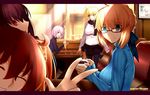  ^_^ ahoge artist_name artoria_pendragon_(all) bendy_straw blonde_hair booth breasts brown_hair closed_eyes drinking_straw fate/apocrypha fate/grand_order fate/stay_night fate_(series) fujimaru_ritsuka_(female) glasses green_eyes highres jeanne_d'arc_(fate) jeanne_d'arc_(fate)_(all) large_breasts letterboxed mash_kyrielight multiple_girls paperfinger picture_(object) purple_eyes purple_hair red_eyes ribbed_sweater saber scathach_(fate)_(all) scathach_(fate/grand_order) sweater type-moon v 