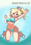  1girl areolae beach bikini blonde_hair blue_eyes breasts daikirikun feet female full_body hair_between_eyes hat jum lips long_hair looking_at_viewer mario_(series) nintendo rosetta_(mario) sky solo squatting stars super_mario_bros. super_mario_galaxy 