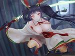  animal_ears bad_id bad_pixiv_id bamboo bamboo_forest bangs black_hair breasts bunny_ears cleavage detached_collar energy_sword forest full_body fundoshi greaves grin headgear holding holding_sword holding_weapon japanese_clothes kaguya_(queen's_blade) kimono large_breasts long_hair long_sleeves looking_away moonlight nature off_shoulder queen's_blade queen's_blade_grimoire red_eyes smile solo sword tasselcat twintails very_long_hair watermark weapon wide_sleeves 