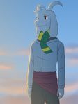  anthro asriel_dreemurr bluewarden17 boss_monster caprine clothed clothing cloud fangs fur goat horn long_ears male mammal scarf sky smile solo standing stripes undertale video_games white_fur 