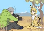  1girl ? animal_ears bare_shoulders blonde_hair bow bowtie camera commentary_request elbow_gloves gloves hat kemono_friends miya_fudama savannah serval_(kemono_friends) serval_ears serval_print serval_tail short_hair skirt sleeveless smile spoken_question_mark tail thighhighs translated 