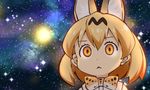  :&lt; animal_ears blonde_hair commentary extra_ears galaxy kemono_friends looking_at_viewer meme parody rioshi serval_(kemono_friends) serval_ears serval_print short_hair sky solo space space_cat_(meme) star_(sky) wide-eyed yellow_eyes 