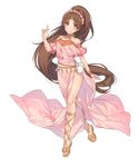  bangs bare_shoulders brown_eyes brown_hair circlet dress eyebrows_visible_through_hair fire_emblem fire_emblem:_monshou_no_nazo fire_emblem_heroes flower full_body hair_flower hair_ornament highres jewelry kippu linda_(fire_emblem) long_hair looking_at_viewer official_art ponytail sandals side_slit smile solo transparent_background very_long_hair 