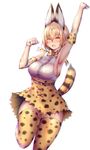  ;d animal_ears arm_up armpits bangs belt blonde_hair blush bow breasts elbow_gloves extra_ears fang gloves hair_between_eyes highres kemono_friends large_breasts looking_at_viewer nikuku_(kazedesune) no_panties one_eye_closed open_mouth serval_(kemono_friends) serval_ears serval_print serval_tail short_hair simple_background skirt smile solo tail thighhighs white_background yellow_eyes 