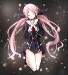  1girl 2017 bangs black_bow black_dress bow chaos;child dated dress eyebrows_visible_through_hair eyes_closed floating_hair hair_bow hands_clasped head_tilt interlocked_fingers legs_up long_hair minamisawa_senri own_hands_together parted_bangs pink_hair red_neckwear sailor_collar school_uniform short_dress socks solo twintails twitter_username very_long_hair white_legwear white_sailor_collar yakku 