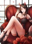  bad_id bad_pixiv_id bare_shoulders black_dress black_hair black_panties blade_&amp;_soul blush breasts character_request cleavage collarbone couch dress facial_tattoo flower high_heels highres horns jewelry knees_up large_breasts long_hair looking_at_viewer nail_polish orange_eyes panties pantyshot pantyshot_(sitting) parted_lips pendant petals red_flower red_nails red_rose rose rose_petals short_dress sitting smile solo strapless strapless_dress tasselcat tattoo underwear watermark 