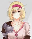  bangs blonde_hair breasts brown_eyes cleavage collar commentary_request djeeta_(granblue_fantasy) empty_eyes fighter_(granblue_fantasy) granblue_fantasy hairband looking_at_viewer medium_breasts messy_hair parted_lips pink_hairband piro_(iiiiiiiiii) short_hair shoulder_pads solo upper_body 