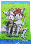 anthro arctic_fox armpits blush canine claws clothed clothing colored comic cub cyber dakkawolf dessert fangs food fox goric hug ice_cream male male/male mammal outside pants shirt sitting smile tears topless wolf young 