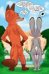  2017 akiric anthro butt canine colored dialogue dipstick_ears dipstick_tail disney duo english_text female fox gloves_(marking) grass hands_on_hips judy_hopps lagomorph male mammal markings multicolored_tail nervous nick_wilde nude outside plant rabbit rear_view shaking shrub size_difference sketch sky smile socks_(marking) standing text water zootopia 